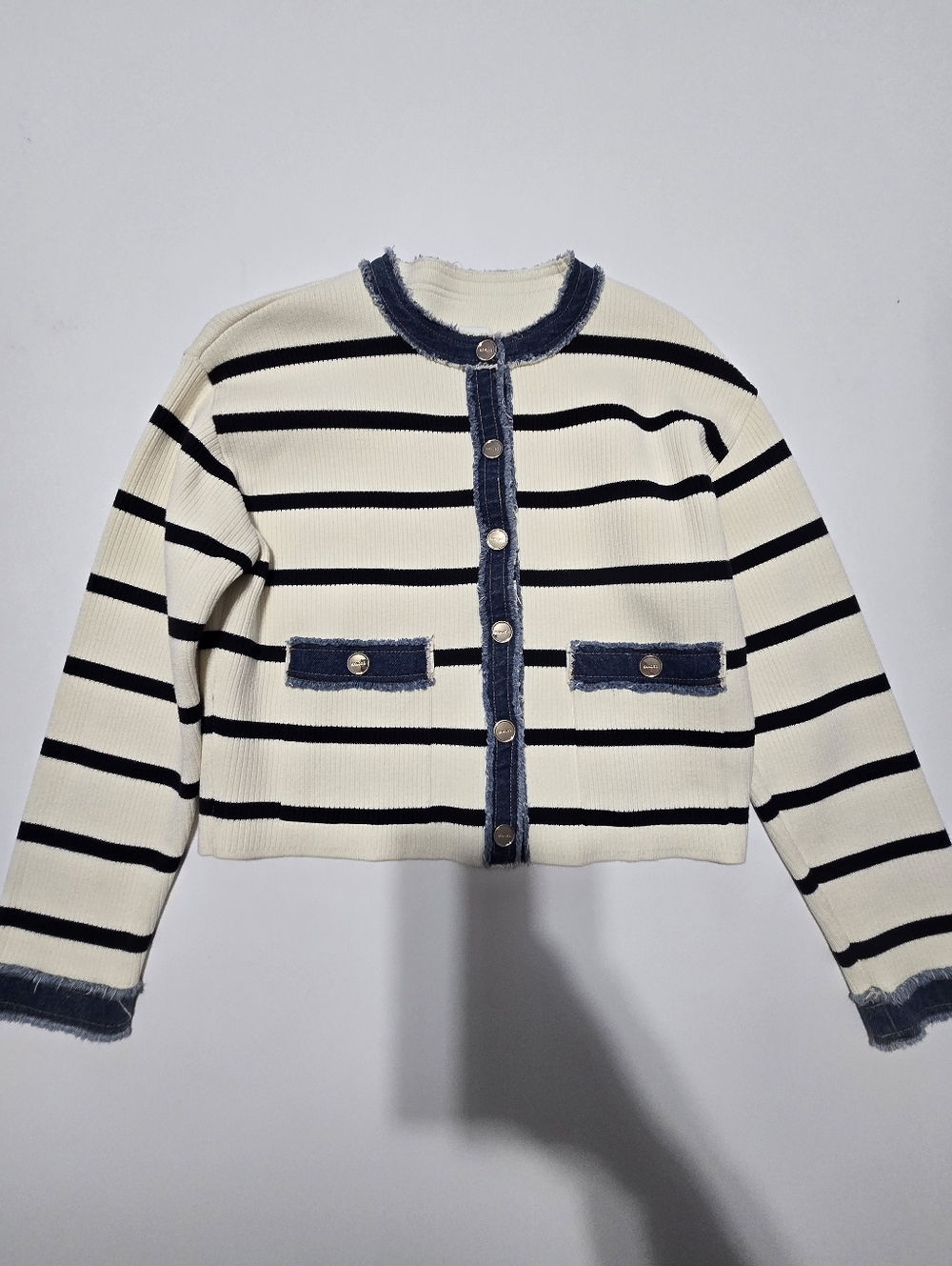 Sandro Stripey Cardigan With Denim Details Knit Crew Neck Long Sleeves Size S - Picture 2 of 13
